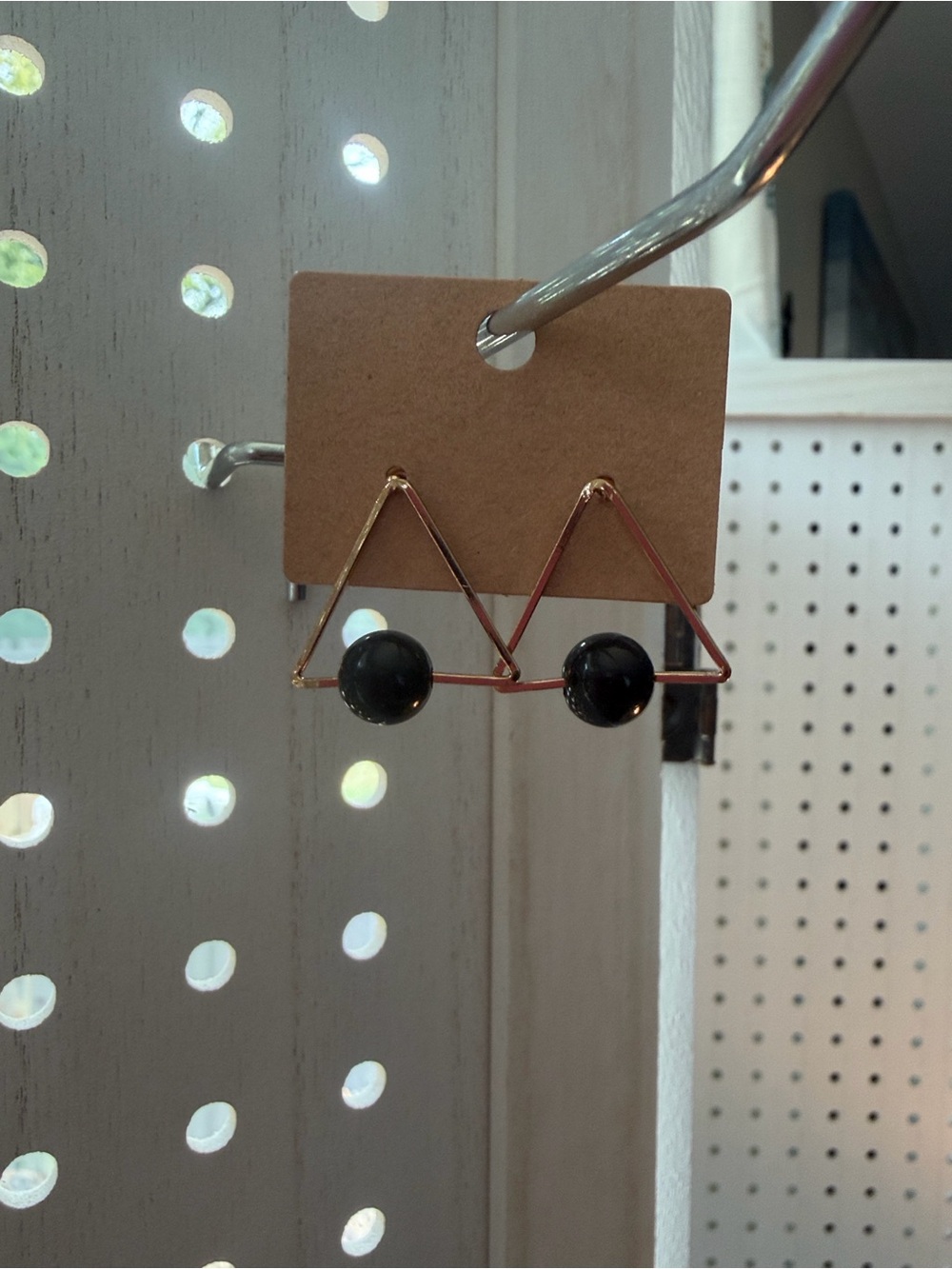 Gold Triangle Hoop Earrings with Black Bead